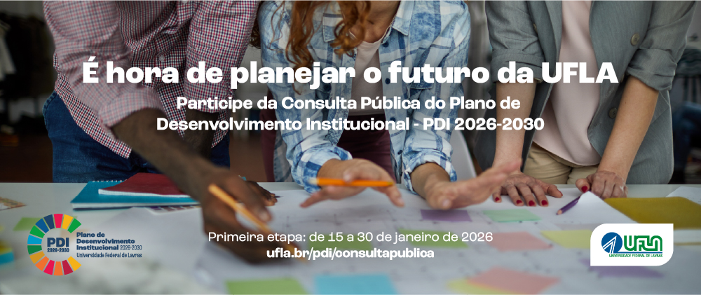 Banner promovendo a consulta pública do Plano de Desenvolvimento Institucional (PDI) 2026-2030 da Universidade Federal de Lavras (UFLA). Inclui o título 