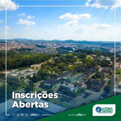 Imagem aérea da UFLA com escrito sobre inscrições